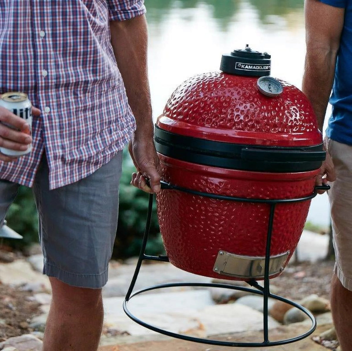 13.5 in. Portable Charcoal Grill in Red with Cast Iron Cart D7669