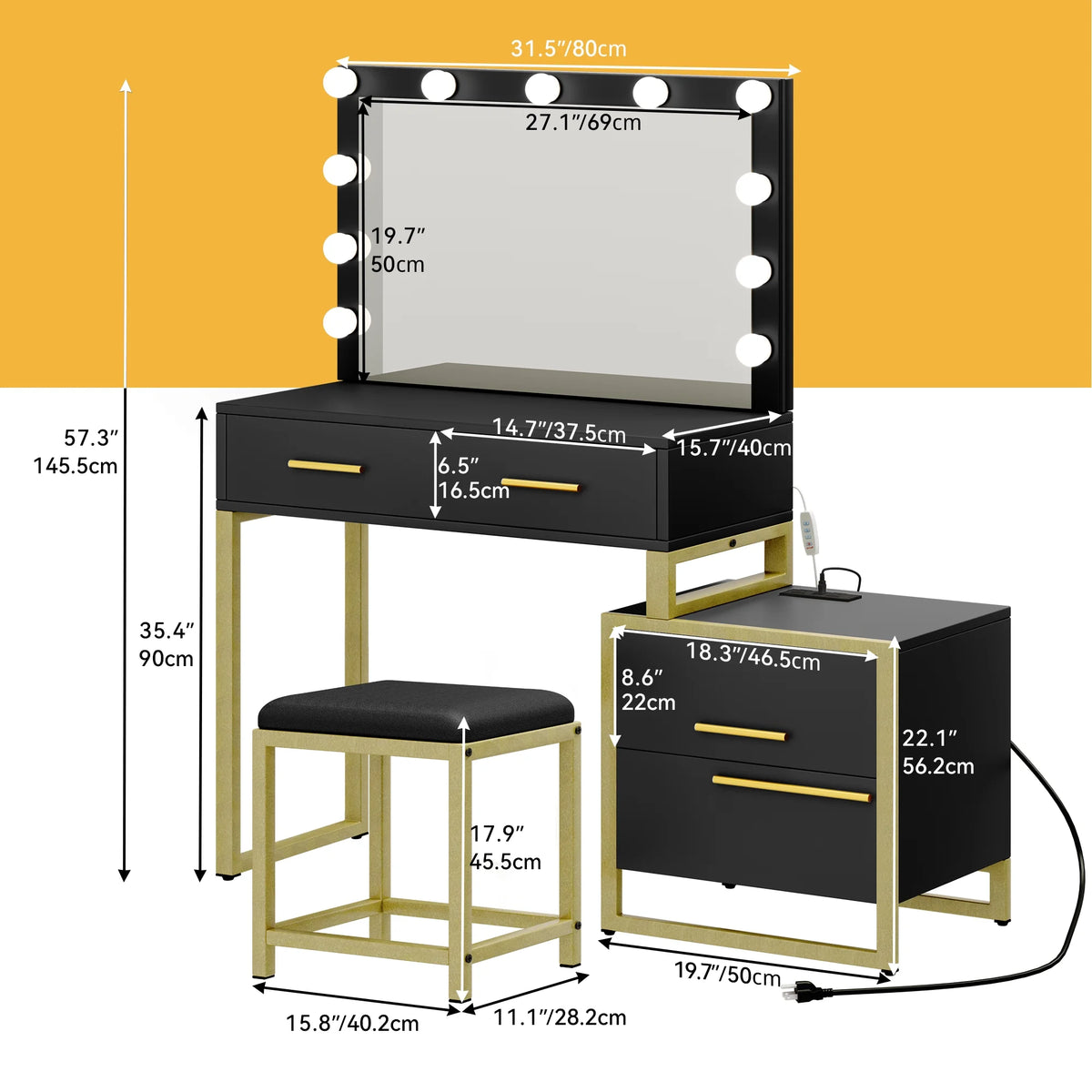 Black Makeup Vanity with Mirror and LED Lights H657395