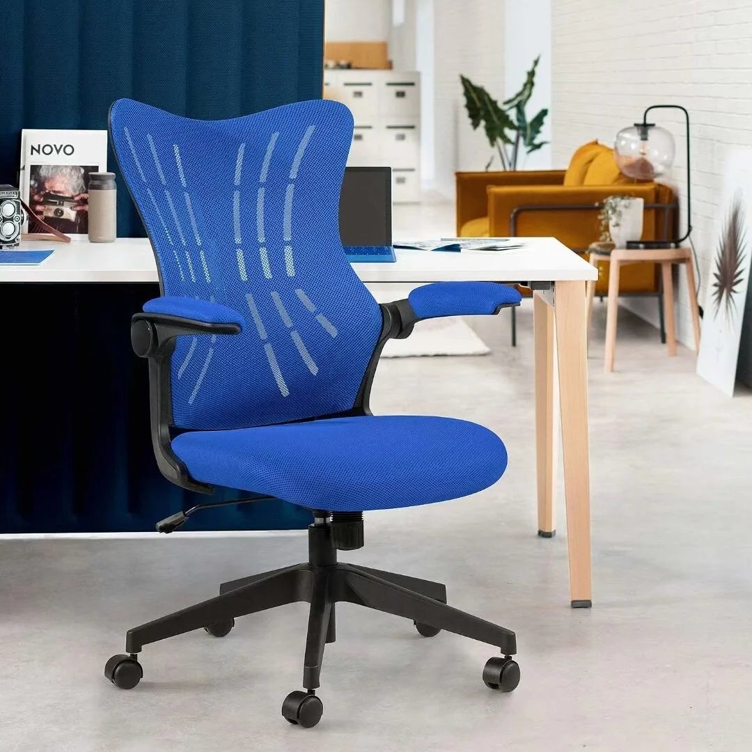 Blue Mesh Office Desk Chair with Flip Arms and Lumbar Support D360482