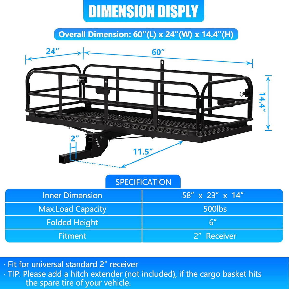 60" x 24" x 14.4" Folding Hitch Mount Cargo Carrier E62912