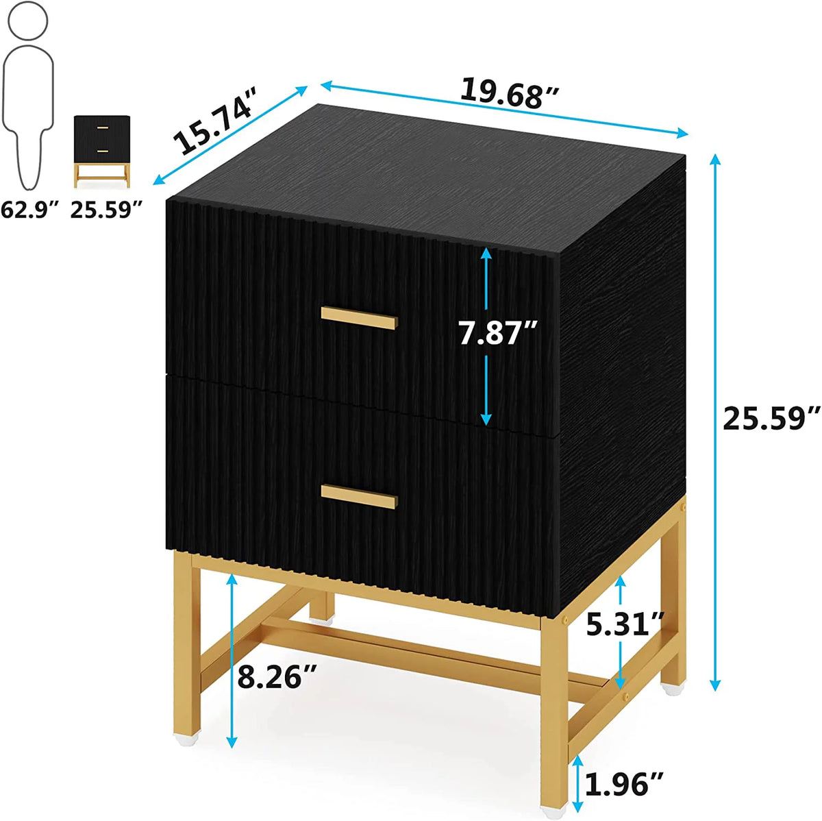 2-Drawer Wood Metal Nightstand S966