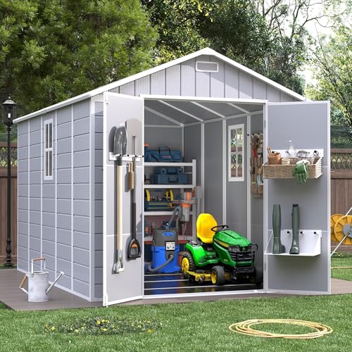 Grey White Resin Outdoor Storage Shed with Floor I5621