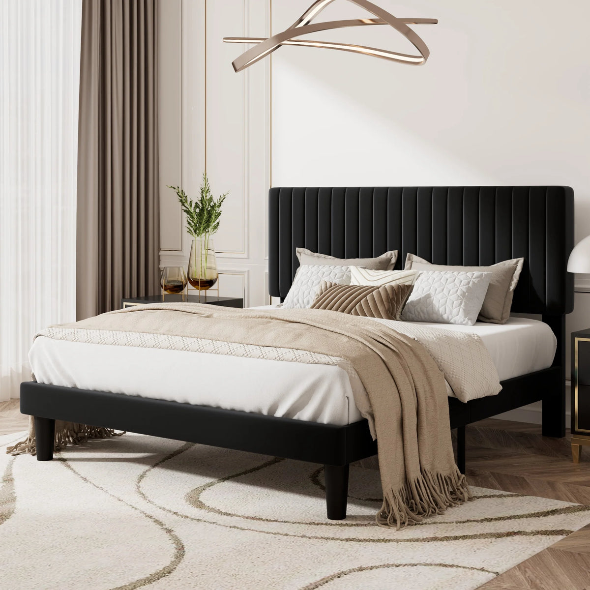 Queen Size Black Velvet Upholstered Platform Bed Frame N569461
