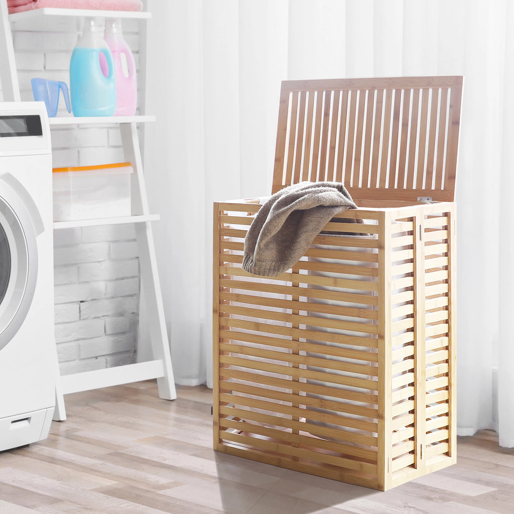 Foldable Bamboo Laundry Hamper with Lid and Liner Bag I6373