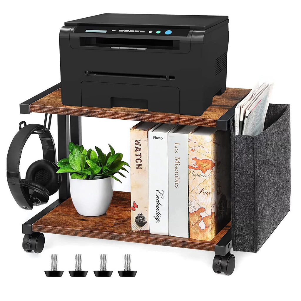 2-Tier Mobile Printer Stand Shelf with Storage Under Desk Printer Cart G942916