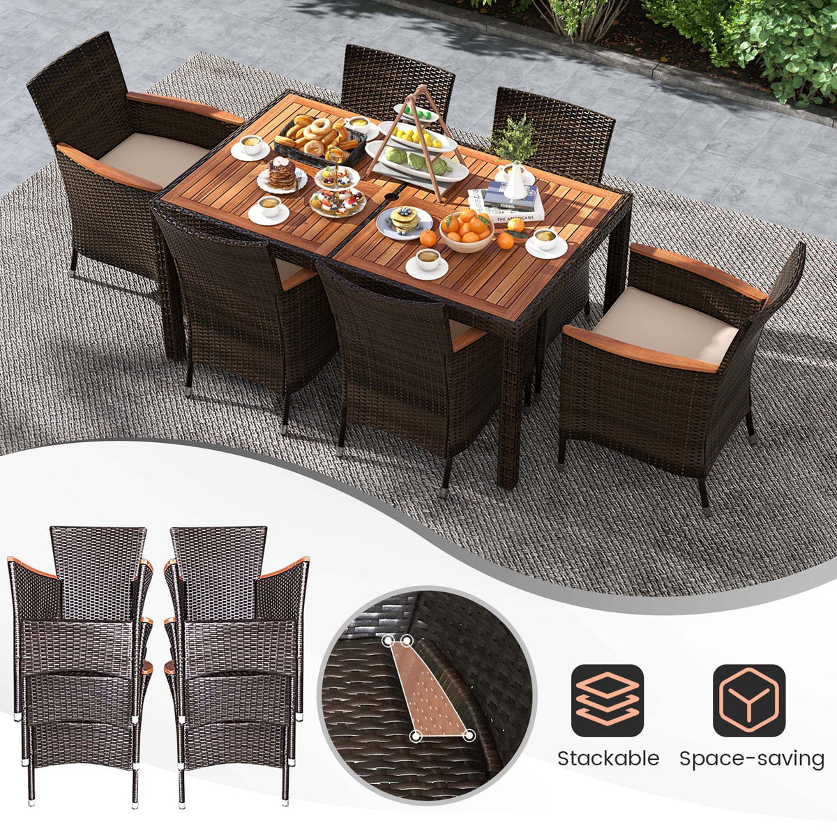 7 Pieces Outdoor Wicker Dining Set with Acacia Wood Table X561082