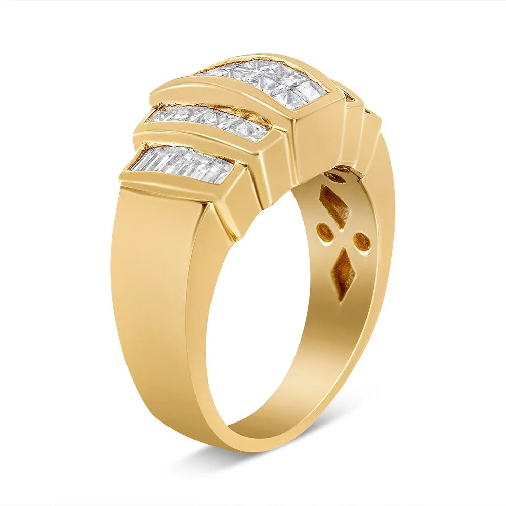 14K Yellow Gold Channel Baguette and Princess-Cut Diamond Cocktail Ring Band J433