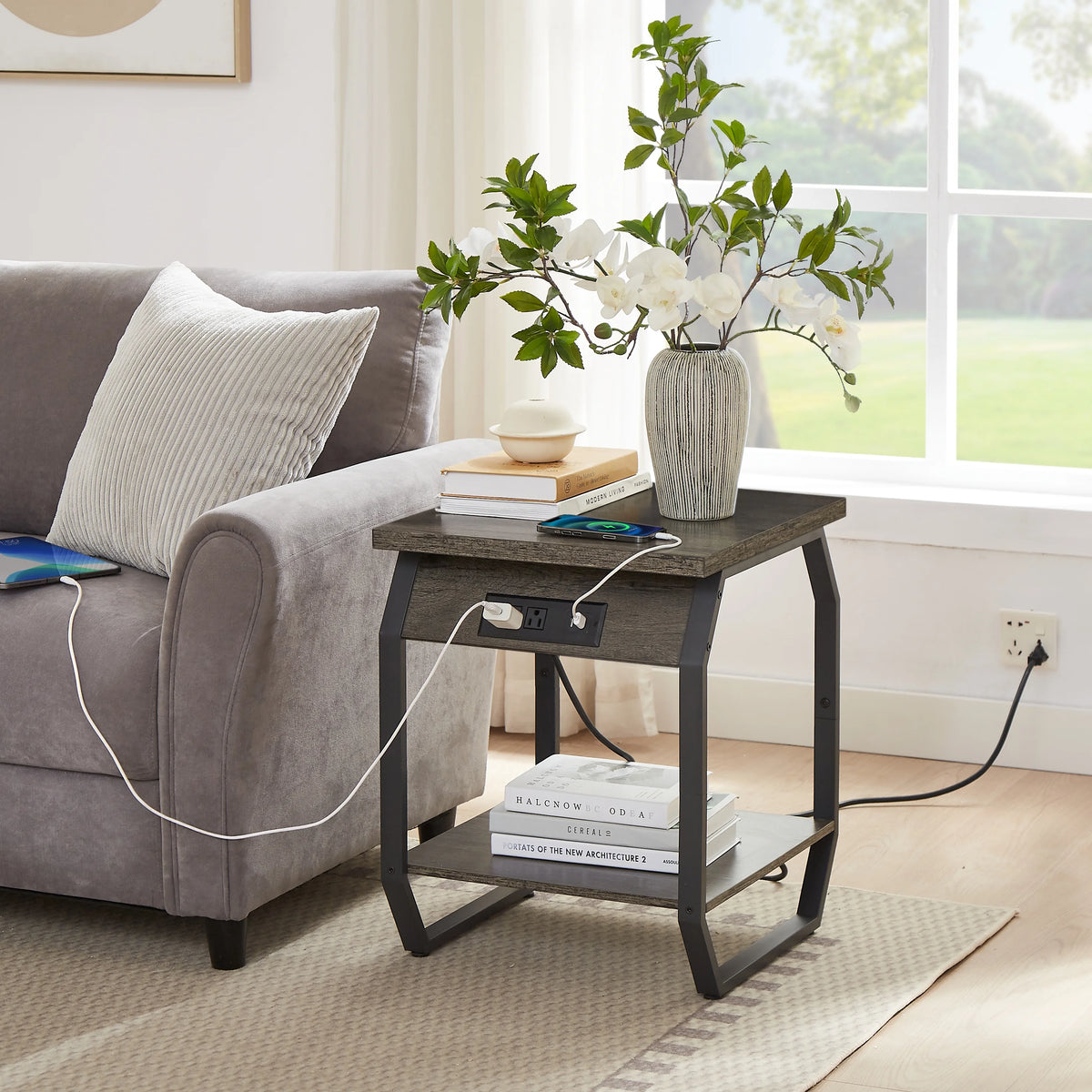 Set of 2 Gray Bedside Tables with Charging Station and Open Shelf K93924