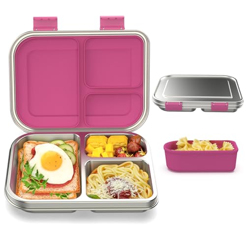 Pink 3 Compartments Leak Proof Stainless Steel Bento Lunch Box U29588