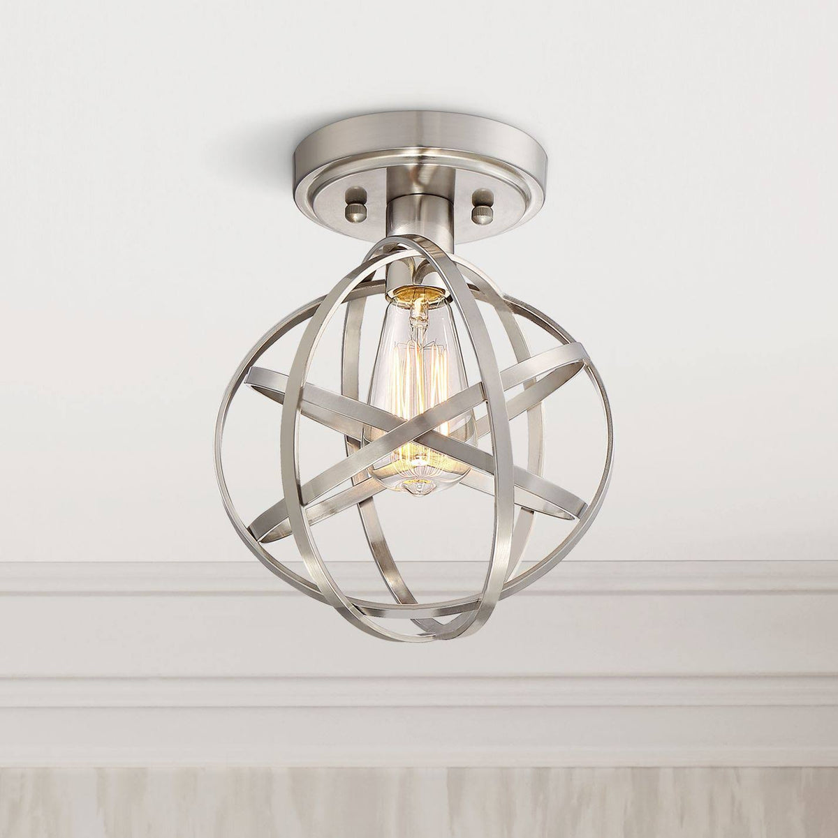 Industrial Ceiling Light Semi Flush Mount Fixture LED Brushed Nickel 8x22 Wide Open Cage F580935