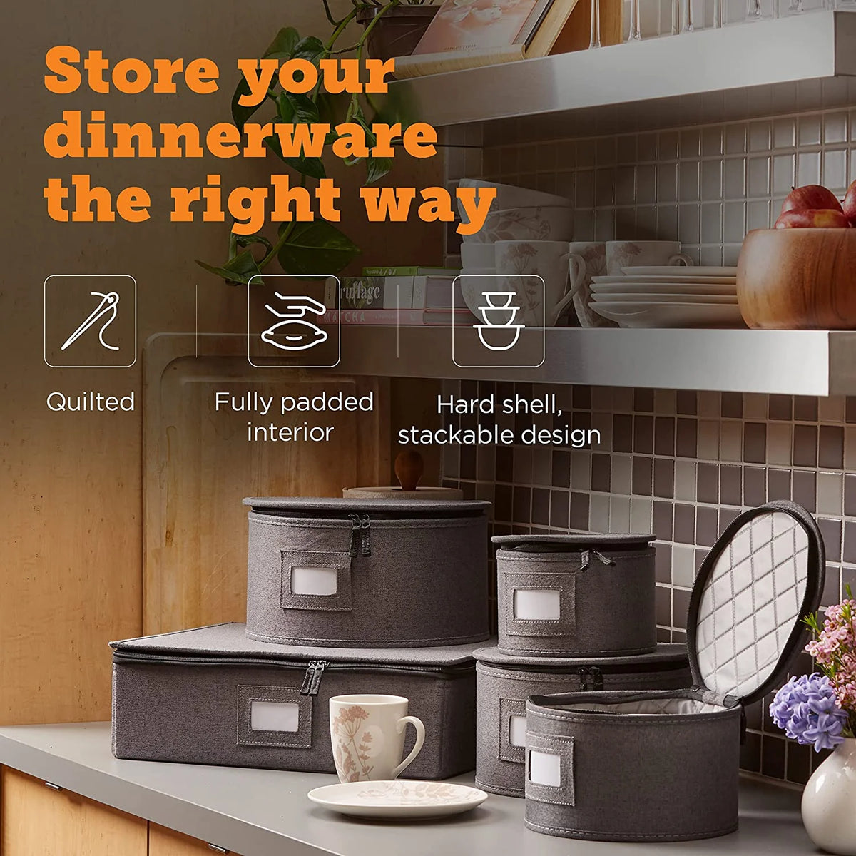 Grey Fabric 5 Piece China Storage Set Y7176