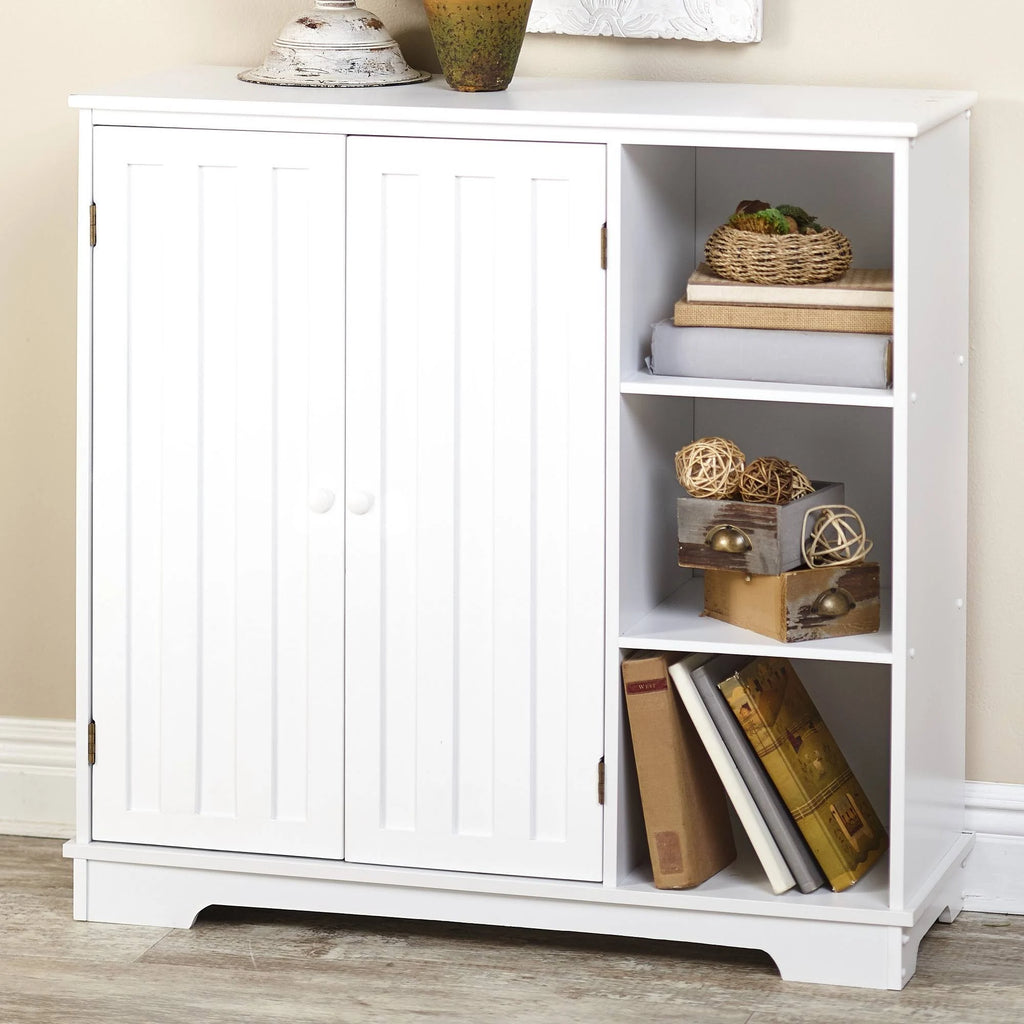 White Beadboard Wooden Storage Cabinet I92758