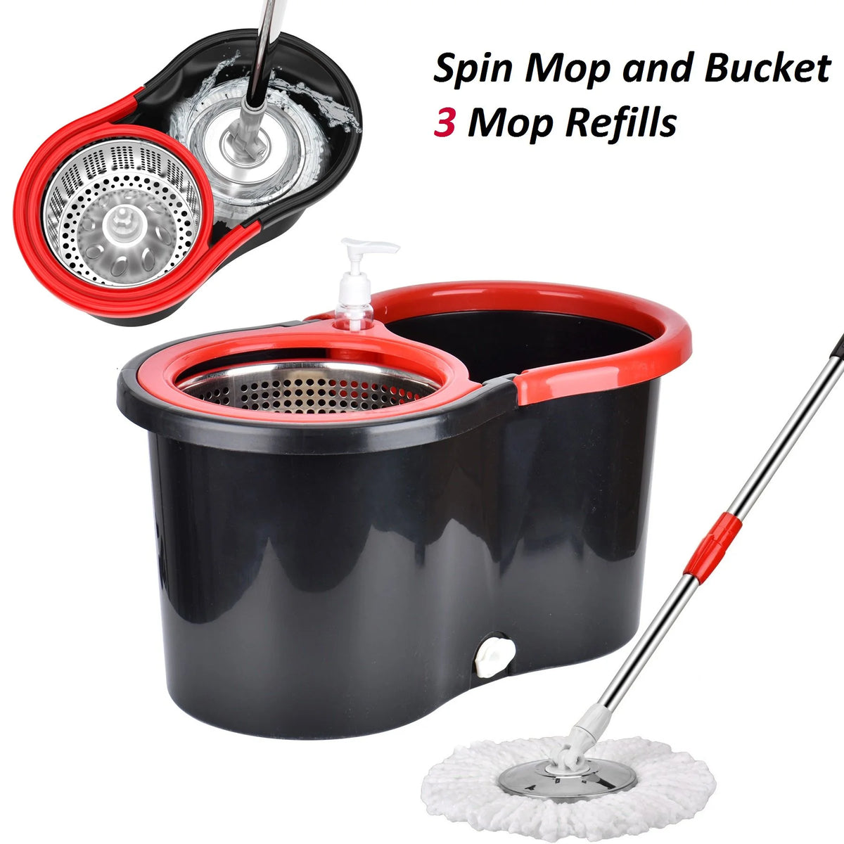 360° Rotating Stainless Steel Mop Bucket with 3x Microfiber Mop Head N5430
