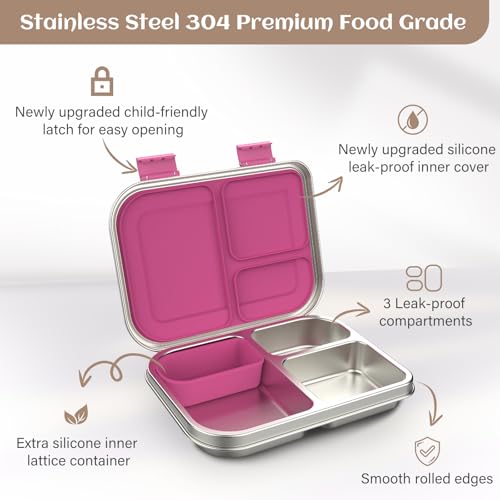 Pink 3 Compartments Leak Proof Stainless Steel Bento Lunch Box U29588