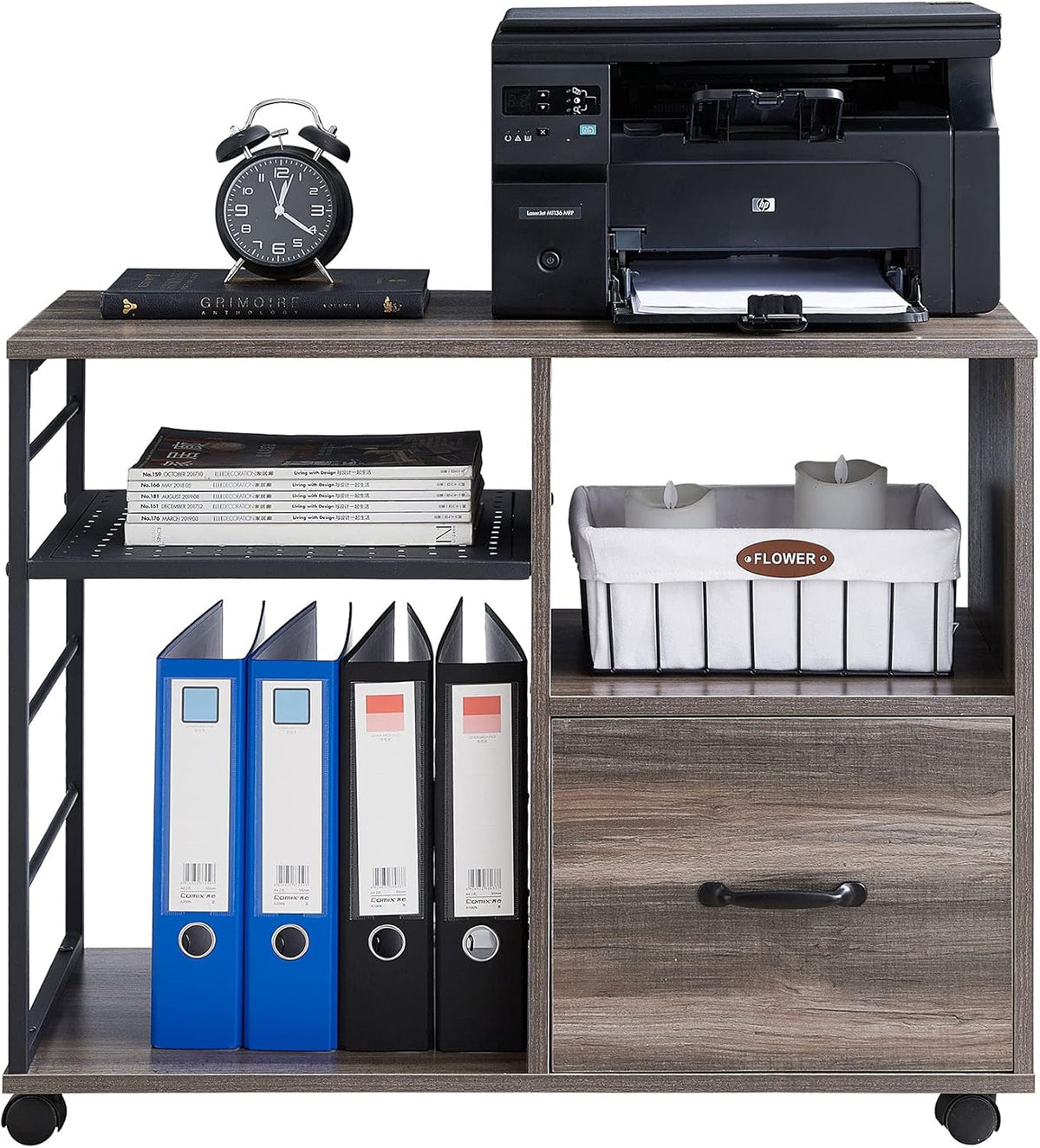 Retro Grey Rolling File Cabinet with Drawer and Open Storage Shelves O503