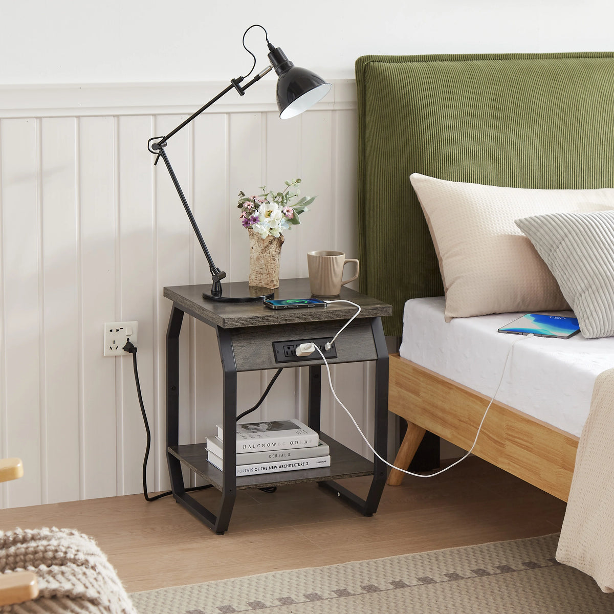 Set of 2 Gray Bedside Tables with Charging Station and Open Shelf K93924