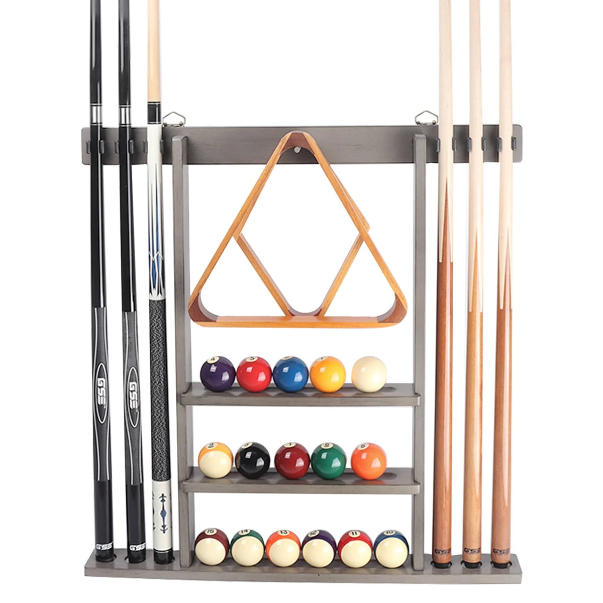 Wall Mounted Pool Cue Rack Holds 6 Cue Stick and Ball - Black Z3346
