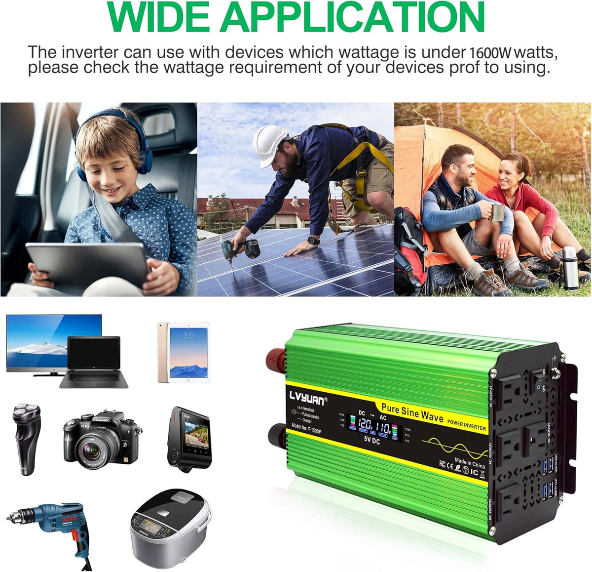 Pure Sine Wave Inverter 1600 Watts DC 12V to AC 110V with Remote Controller and LCD Display Z941