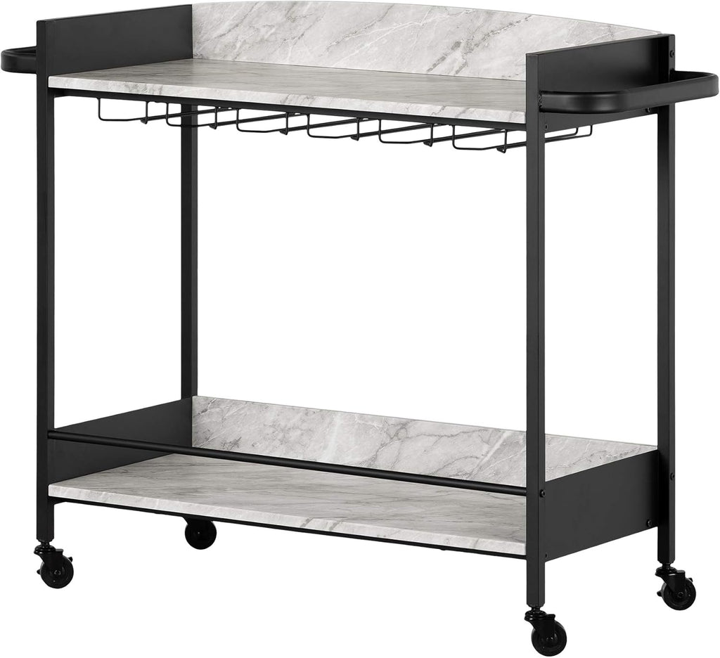 Black and Faux Carrara Marble Mobile Bar Cart U2257