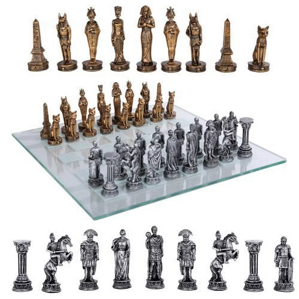 Egyptian vs Roman Chess Set with Glass Board O947831