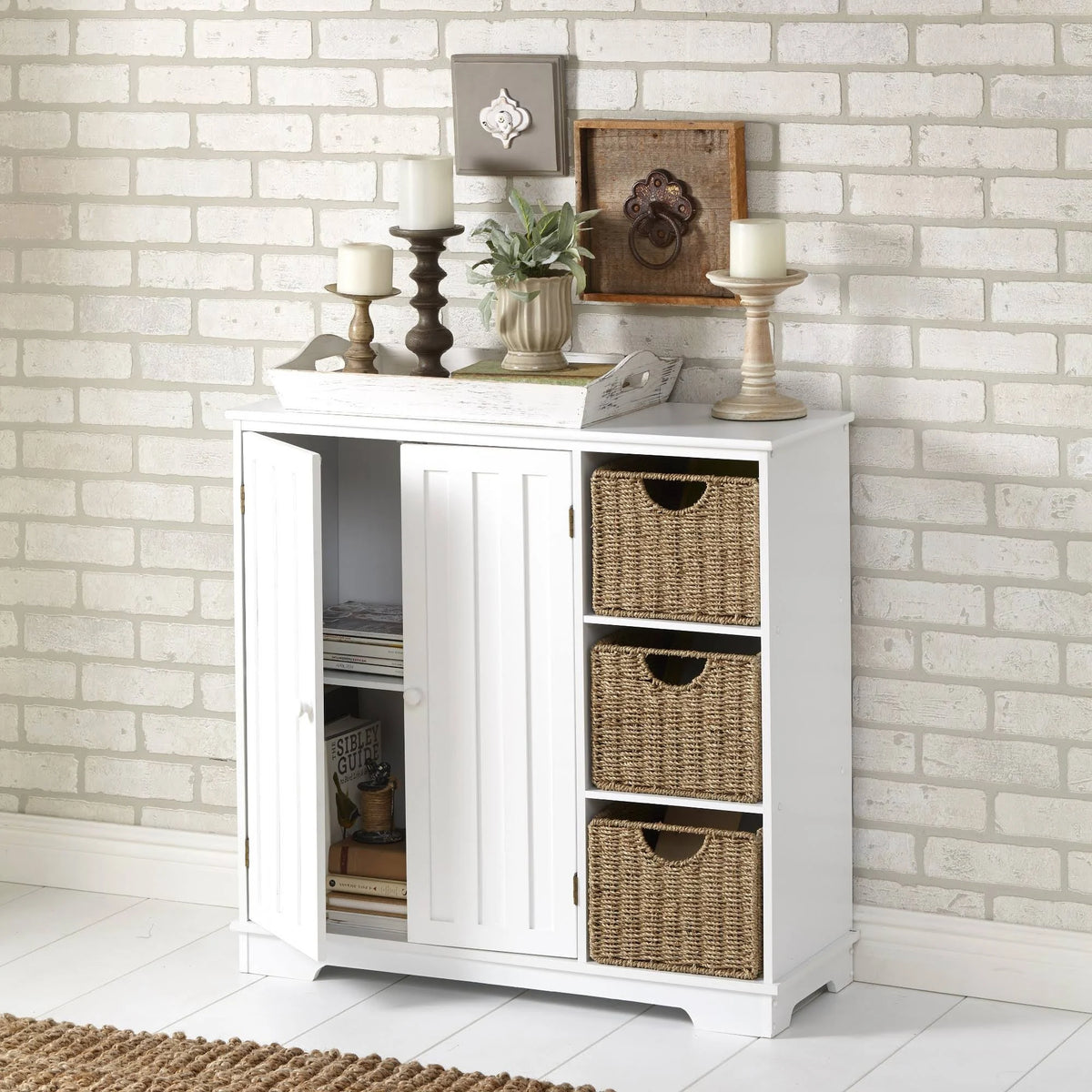 White Beadboard Wooden Storage Cabinet I92758