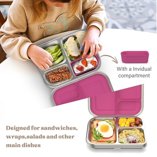 Pink 3 Compartments Leak Proof Stainless Steel Bento Lunch Box U29588