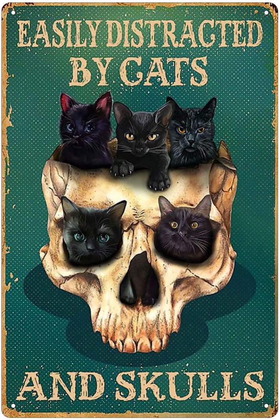 Skull and Cat Metal Tin Sign 8x12 inch L4598