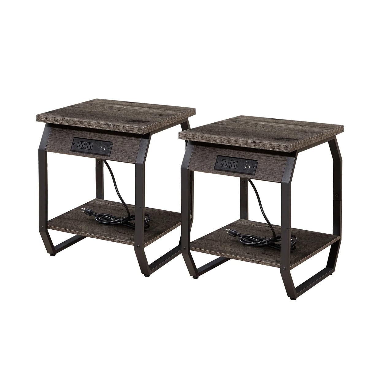 Set of 2 Gray Bedside Tables with Charging Station and Open Shelf K93924