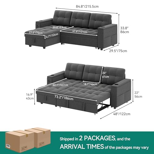 Dark Gray L-Shaped Sectional Sofa Bed with Pull Out Bed R3992