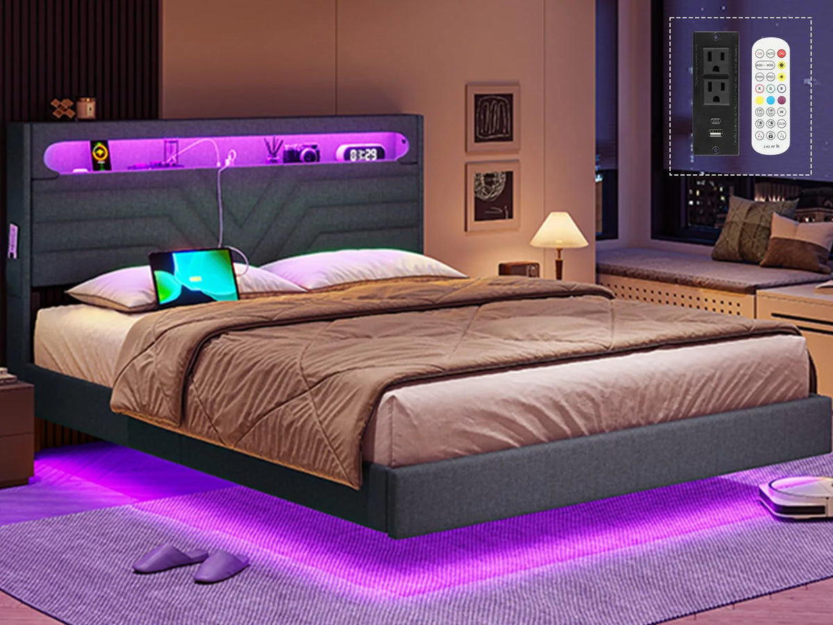 Queen Size Fabric Upholstered Platform Bed Frame with Storage Headboard K456