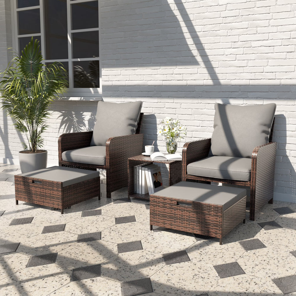 5 Piece Gray Rattan Patio Conversation Set with Ottomans and Storage Coffee Table P4212