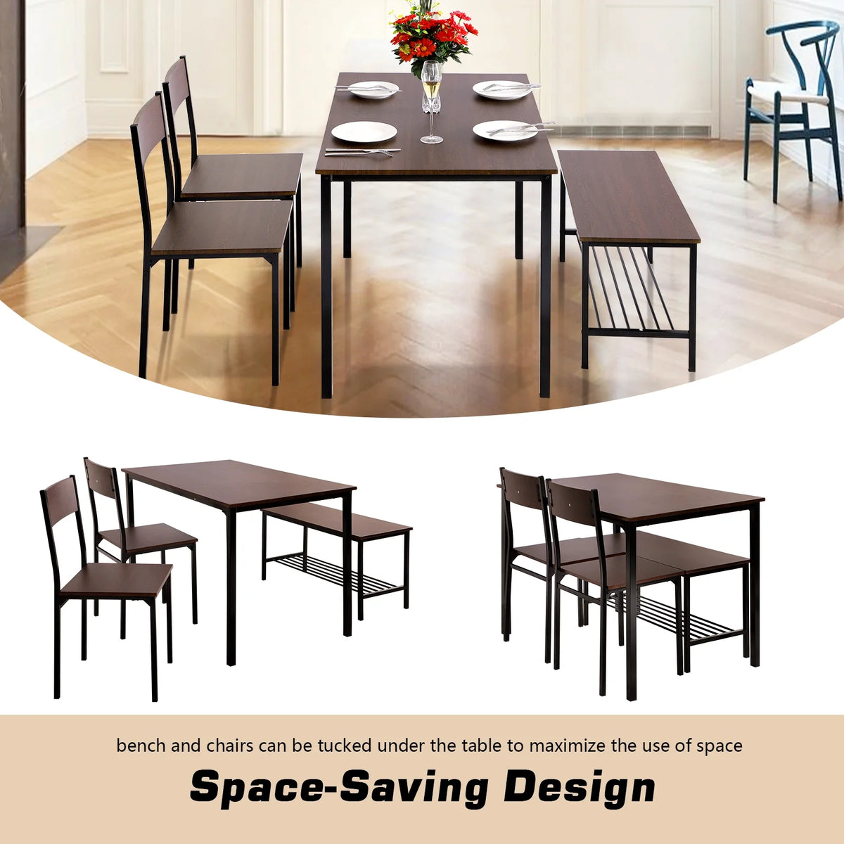 Dining Table Set for 4 with Storage Bench Z4236