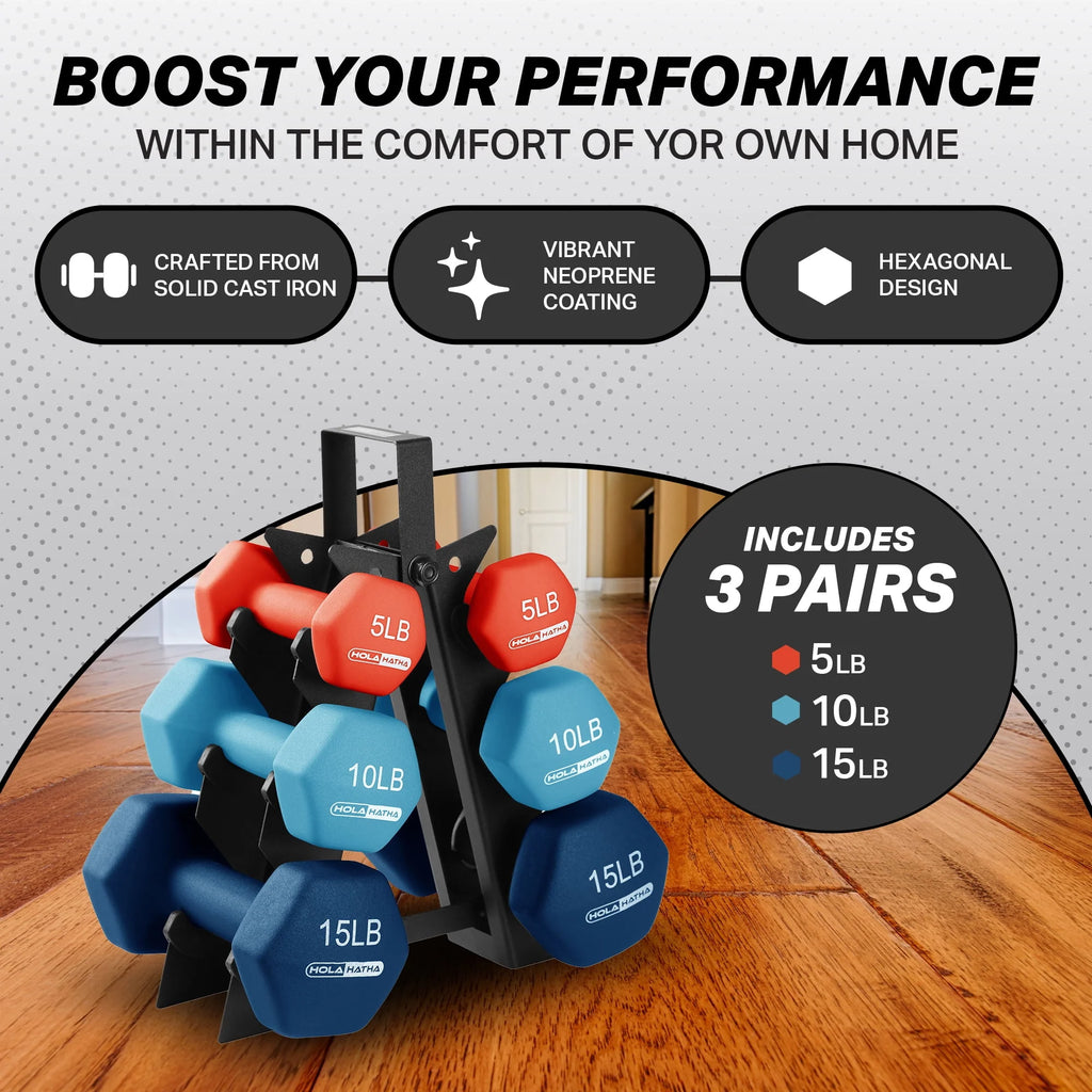 5, 10 & 15 Pound Neoprene Dumbbell Weight Set with Storage Rack P99469