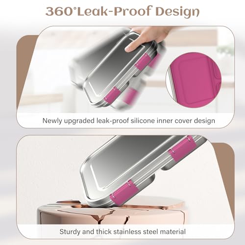 Pink 3 Compartments Leak Proof Stainless Steel Bento Lunch Box U29588