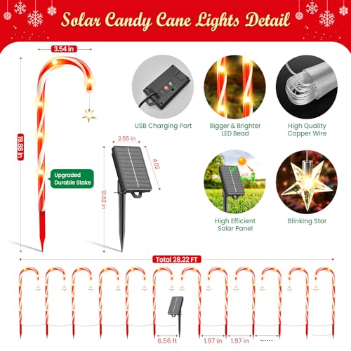 12 Pack Solar Candy Cane Lights, 72 LEDs Waterproof Outdoor Christmas Decorations Z575865