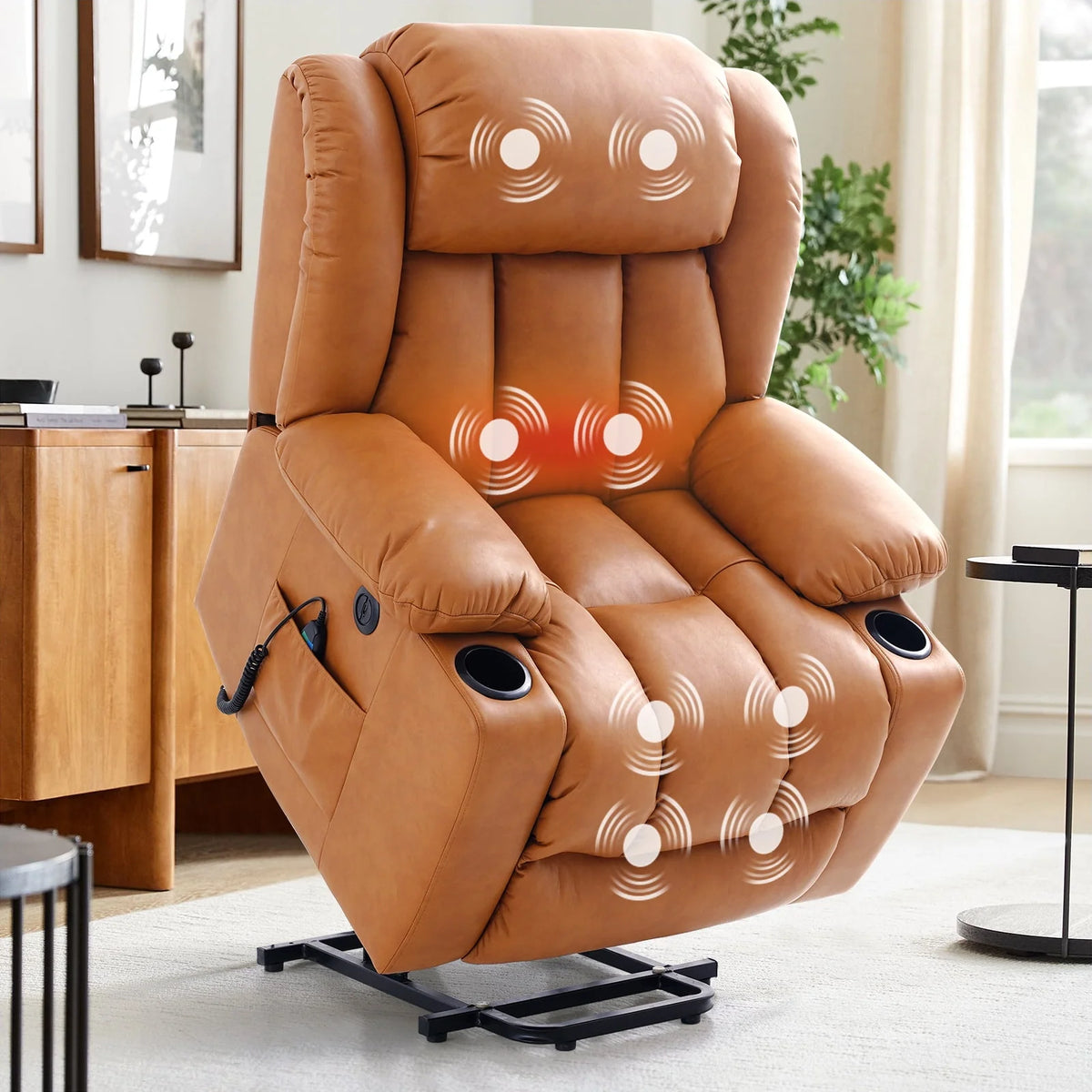 Large Power Lift Recliner Chair with Heat and Massage Leather Brown M383808