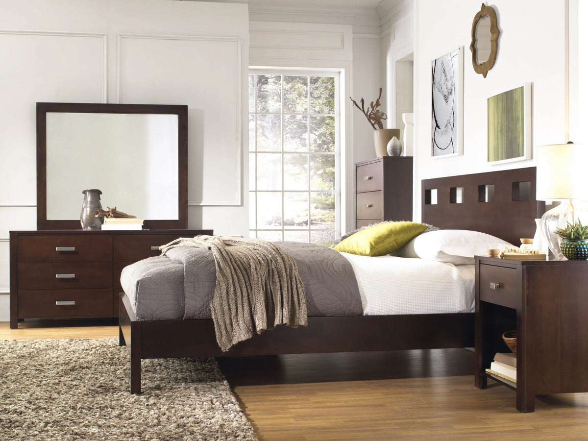 5PC Twin Platform Bed Nightstand Dresser Mirror & Chest Set in Mocha Brown Mahogany J91099