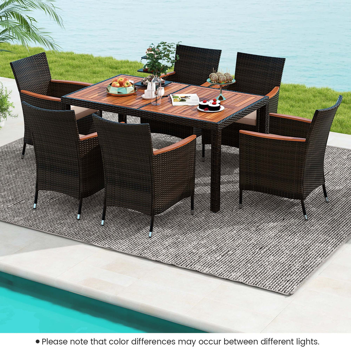7 Pieces Outdoor Wicker Dining Set with Acacia Wood Table X561082