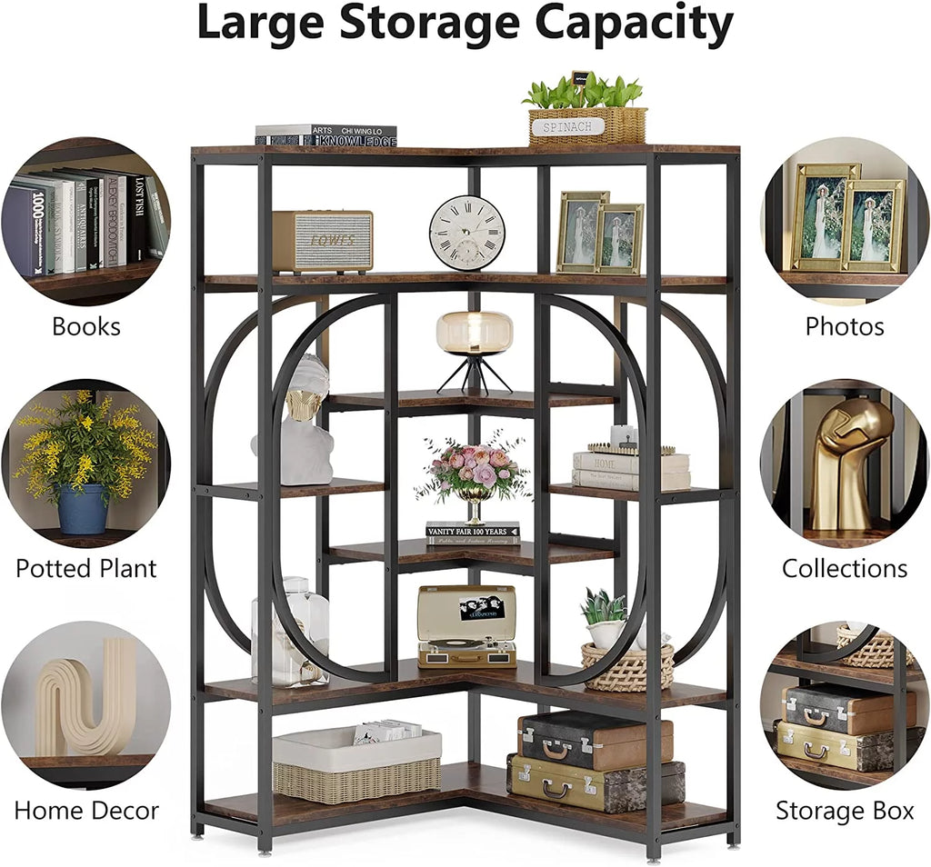 Rustic Brown & Black 7 Shelf Corner Bookshelf V9951