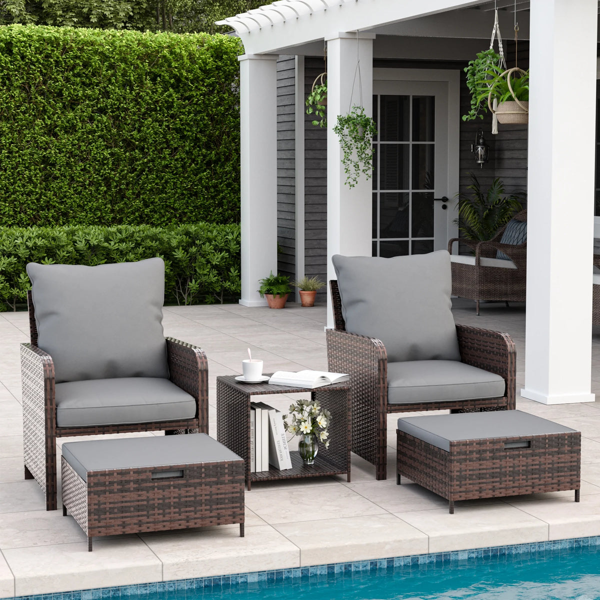 5 Piece Gray Rattan Patio Conversation Set with Ottomans and Storage Coffee Table P4212