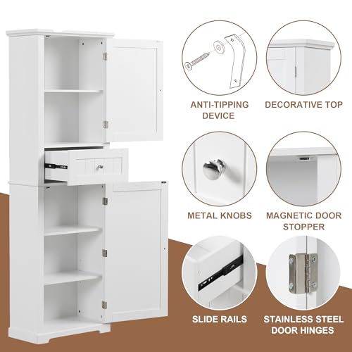 White Tall Bathroom Storage Cabinet with 2 Doors, 5 Shelves, 1 Drawer M74245