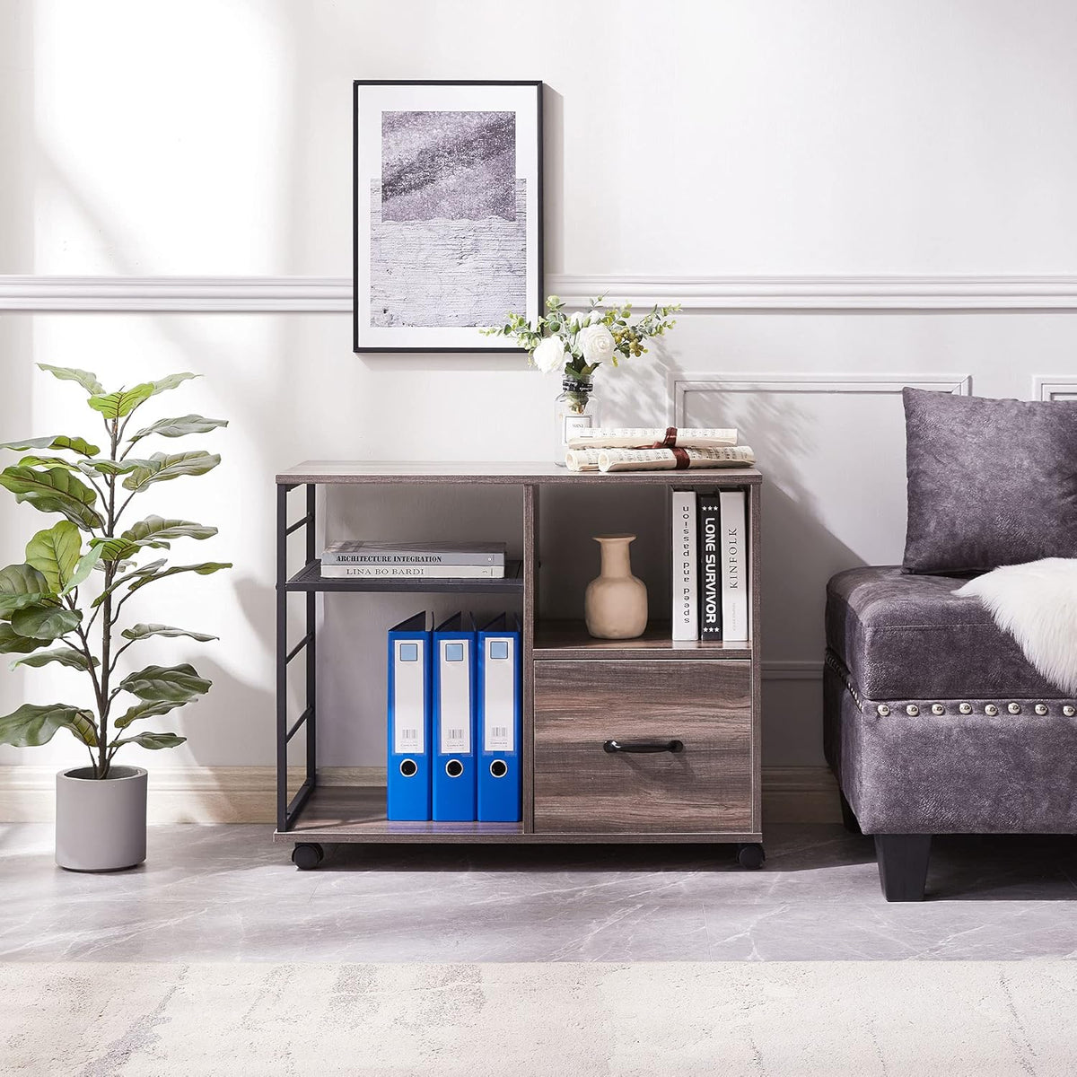 Retro Grey Rolling File Cabinet with Drawer and Open Storage Shelves O503