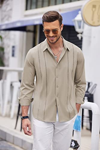 Mens Cuban Guayabera Button Down Long Sleeve Linen Shirt N69339