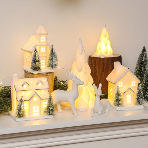 12 Pcs Ceramic Christmas Village Set with Lights L985022