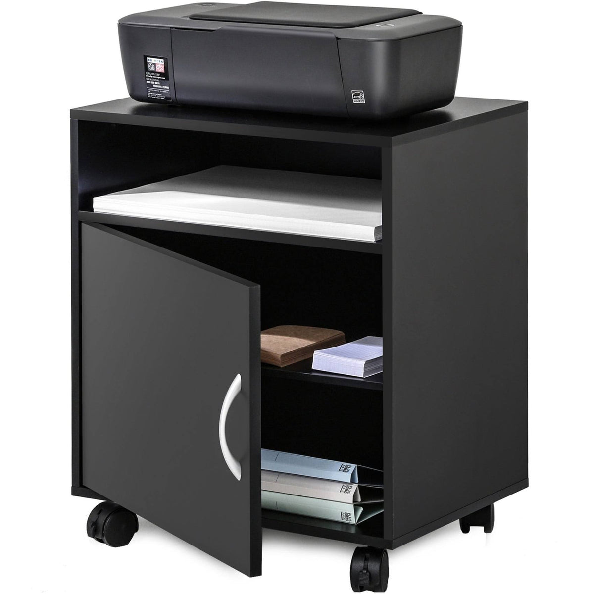 Black Wood Printer Stand File Cabinet on Wheels D1019