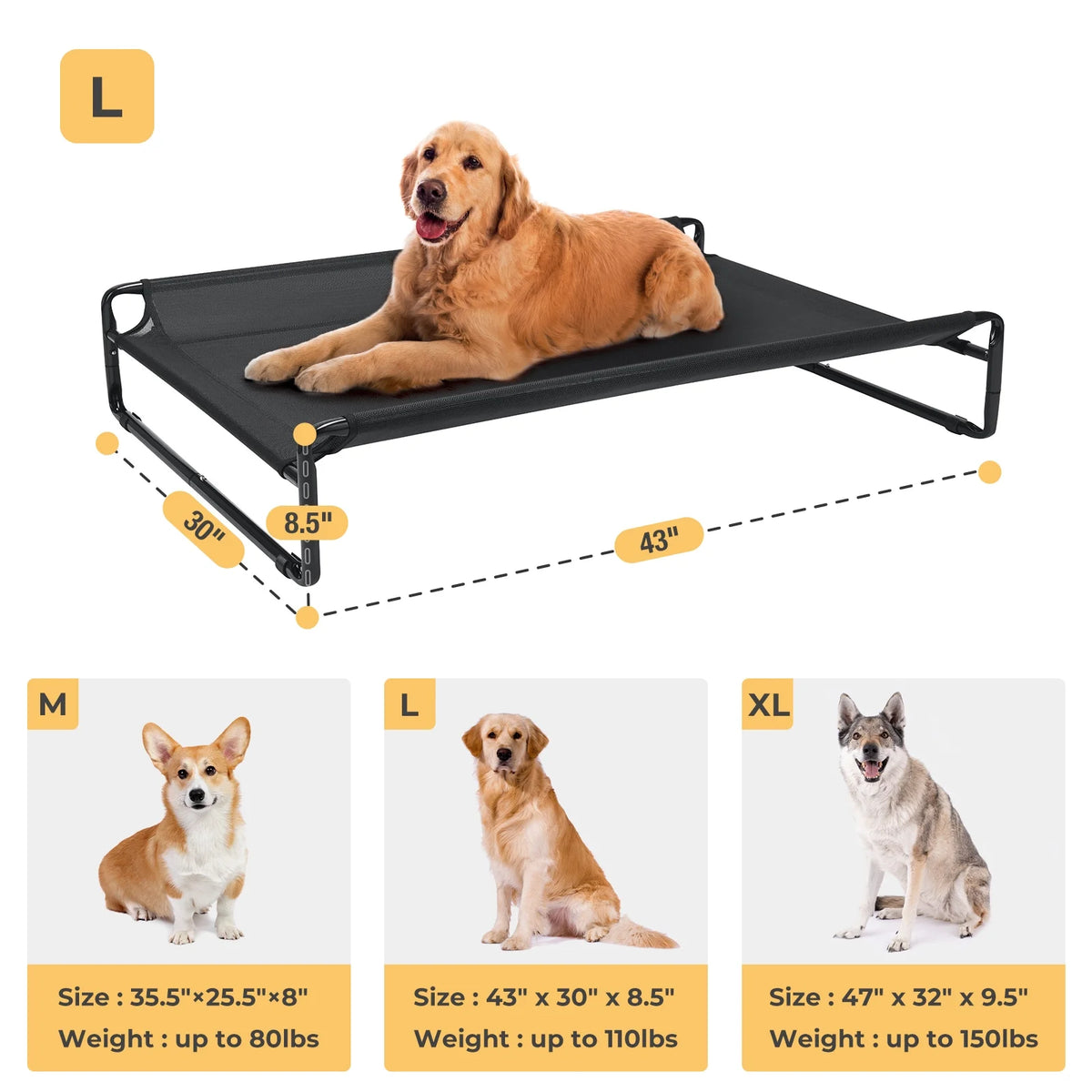 Black Elevated Dog Bed with Washable Mesh B199819