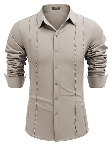 Mens Cuban Guayabera Button Down Long Sleeve Linen Shirt N69339