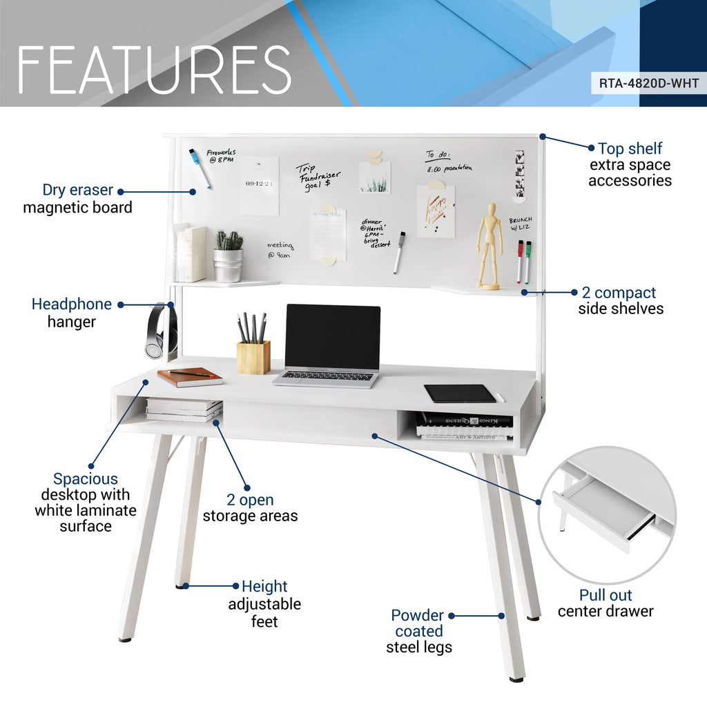 White Computer Desk With Storage & Dry Erase White Board T784