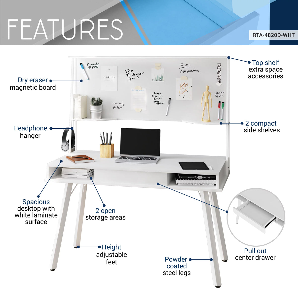 White Computer Desk With Storage & Dry Erase White Board T784