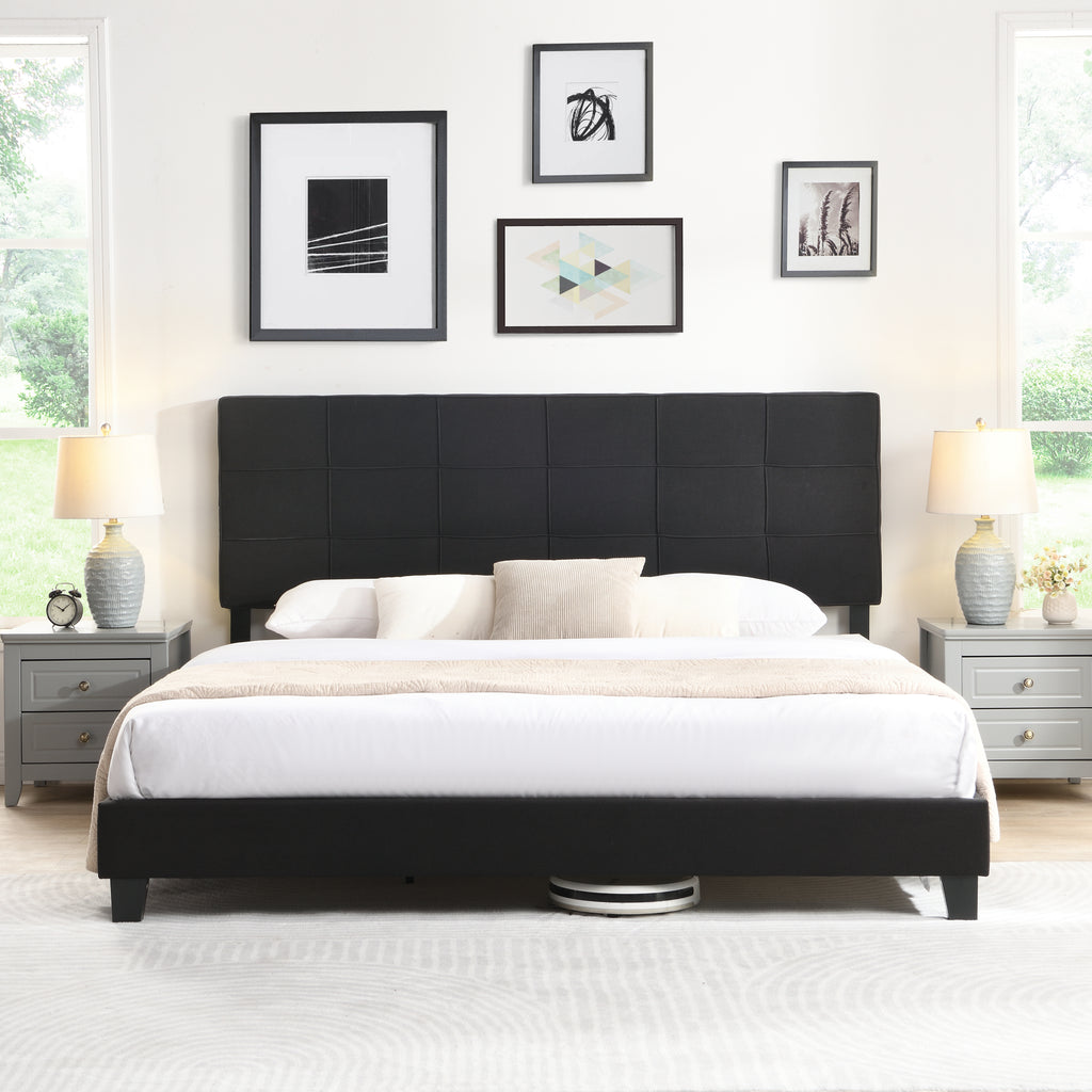King Size Upholstered Platform Bed Frame with Linen Headboard I39032